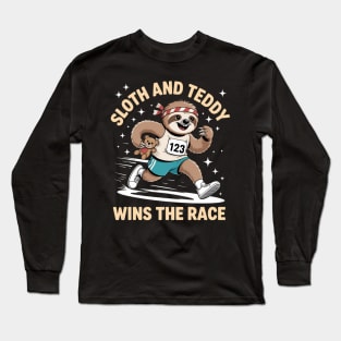 Sloth And Teddy Wins The Race Funny Slow And Steady Long Sleeve T-Shirt
